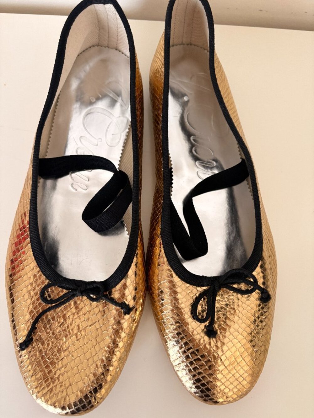 J.Crew Gold Snakeskin Embossed Ballet Flats Black Bow Size 8.5